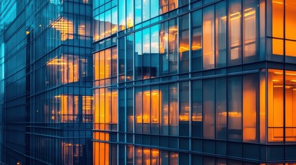 Modern office building exterior at dusk, glowing windows, city skyline reflected
