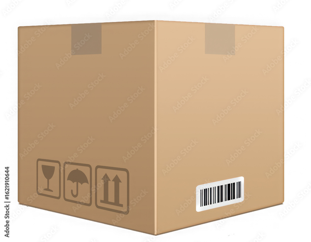 Poster a closed brown cardboard shipping box with fragile and this way up symbols and a barcode isolated on