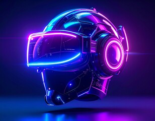Futuristic VR headset with glowing neon lights for an immersive digital metaverse experience.