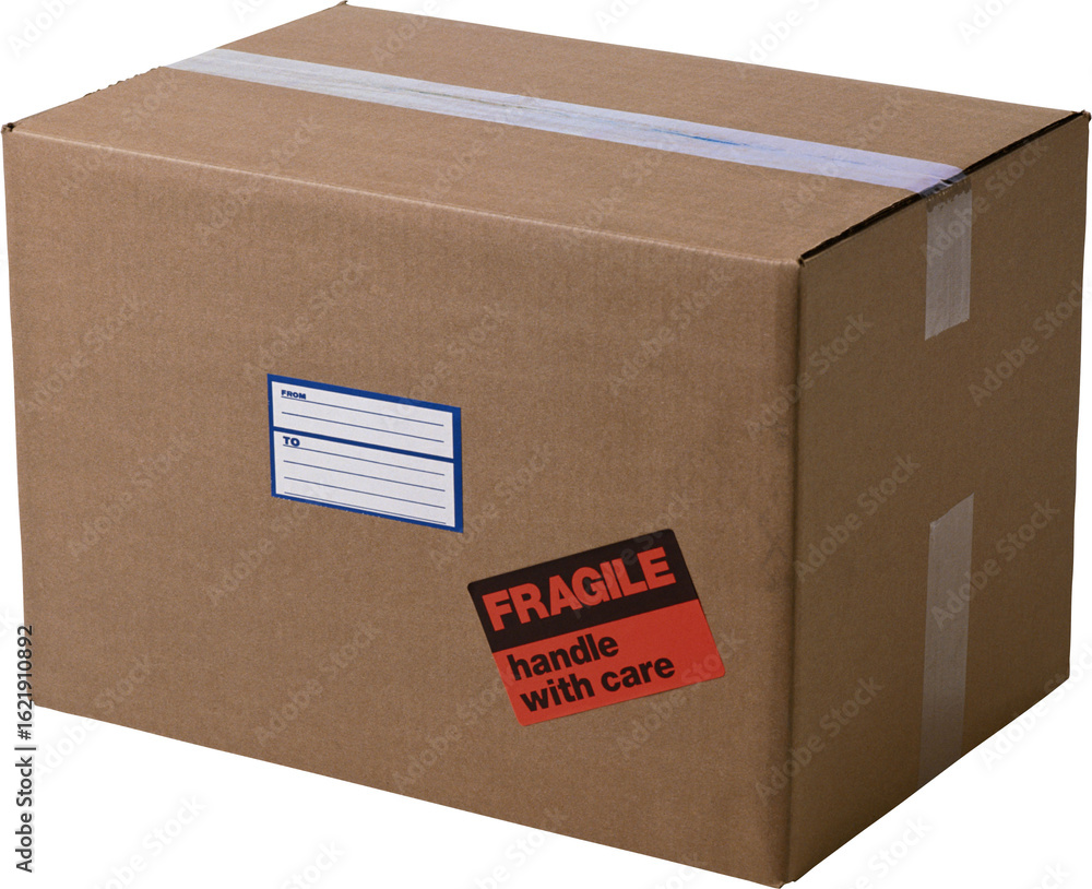 Poster brown cardboard shipping box with fragile label and shipping label isolated on transparent backgroun