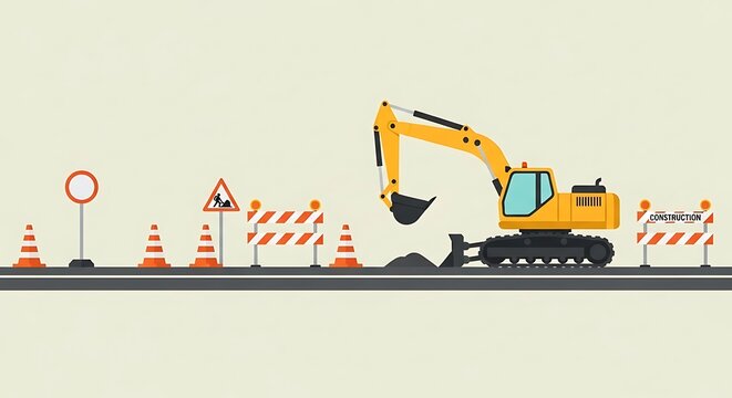 Illustration of construction site with excavator and warning signs on the road construction