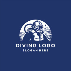 Dynamic diving logo with swimmer and ocean wave elements.