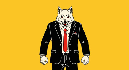 Vector SVG Illustration of Wolf Head in Business Suit Flat Style with Red Tie on Yellow Background © Gustian