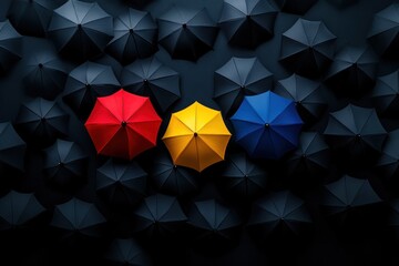 Conceptual contrast image of three red, yellow, and blue umbrellas in ocean of dark ones