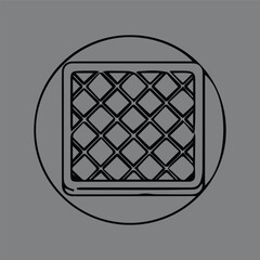 Monochrome line art illustration of a square waffle or wafer. Minimalist food icon with a criss-cross pattern, isolated on a grey background.