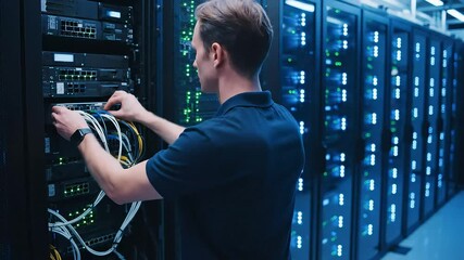 Professional IT engineer working in a data center, managing server rack cables for network connectivity and maintenance. - Powered by Adobe
