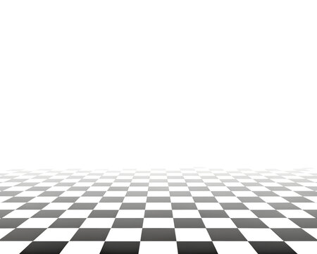 Chess perspective floor background. Black and white chessboard perspective floor texture. Checker board pattern surface. Fading away vanishing checkerboard background. Abstract vector illustration.