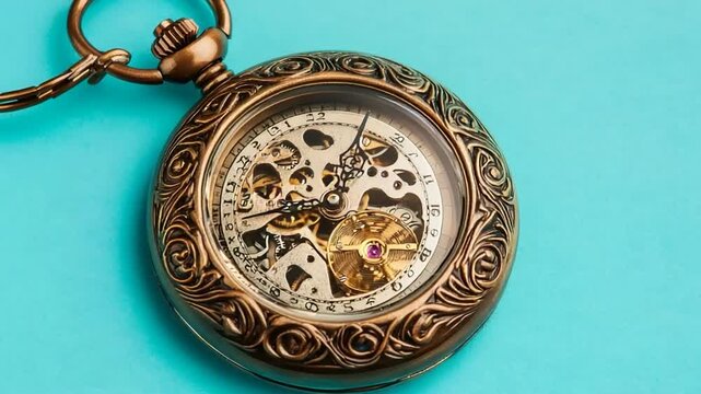 Detailed Antique Pocket Watch Close-Up on Turquoise Background Revealing Intricate Gears