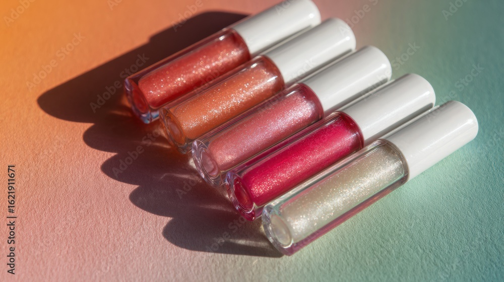 Poster colorful lip gloss tubes casting soft shadows on a pastel gradient background creating a vibrant dis