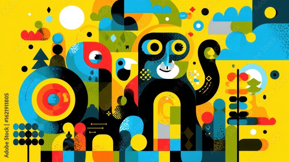 Poster colorful abstract composition featuring various shapes and forms.