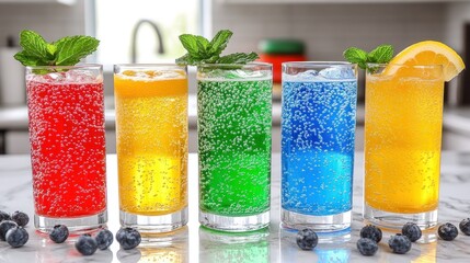 Four colorful, fizzy drinks in tall glasses