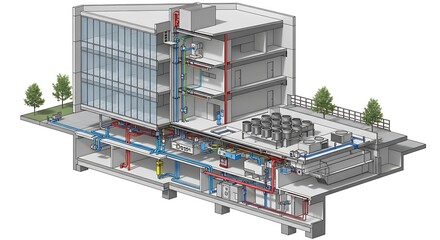 Detailed building infrastructure schematics with HVAC and plumbing systems displayed inside