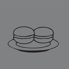 Simple hand-drawn illustration of two French macaron cookies on a plate. Minimalist line art sketch of a sweet dessert for a cafe or patisserie menu.
