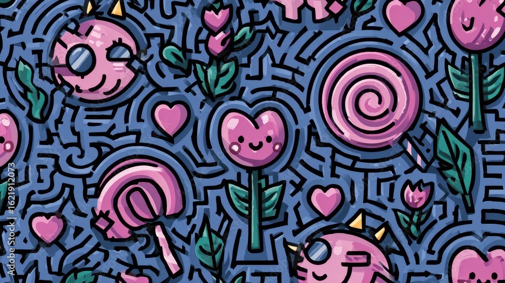 Poster playful, colorful pattern featuring whimsical characters and objects.