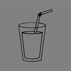 Minimalist black line art illustration of a refreshing beverage in a drinking glass with a straw. A simple hand-drawn doodle representing hydration and refreshment on a gray background.