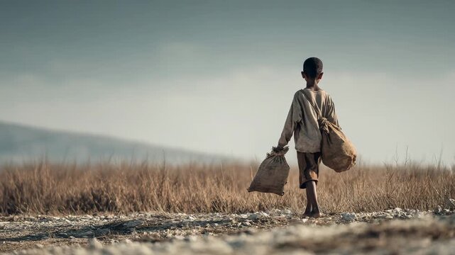 Burdened Youth: A child labors across a parched land