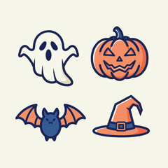 Vector SVG Icon Set with Halloween Ghost Pumpkin Bat and Witch Hat in Flat Style for Digital Design