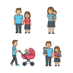 Vector SVG Icon Set Depicting Family Scenes with Human Figures in Flat Modern Style Featuring Bright Colors and Symmetrical Composition for Web and Mobile Use