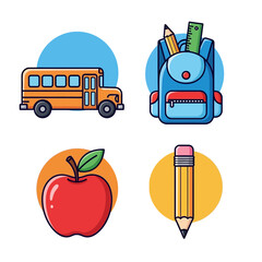 Vector SVG Icon Set with School Bus Backpack Apple and Pencil in Flat Design Style in Bright Colors
