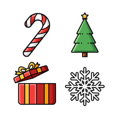 Vector SVG Icon Set with Candy Cane Christmas Tree Gift Box Snowflake Flat Design Colors