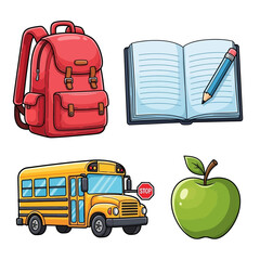 Vector SVG Icon Set Featuring Backpack Notebook School Bus and Apple in Flat Design Style with Bright Colors