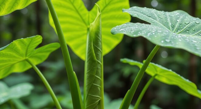 Close-up of vibrant green elephant ear plant leaves with water droplets and new leaf unfurling in natural environment.