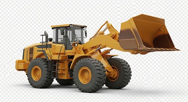 Detailed 3D rendering of a yellow wheel loader against transparent background