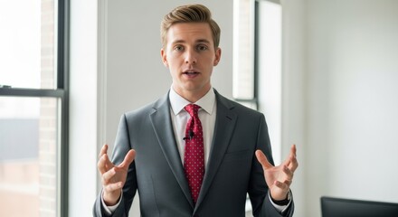 Businessman in Suit Speaking Gesturing Red Tie Office Setting.