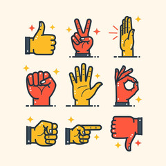 Vector SVG Icon Set of Hand Gestures in Modern Flat Style with Bright Colors for Digital and Web Use
