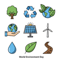 Icon Vector SVG Set of Environmental Symbols with Flat Design Geometric Style for Eco Sustainability