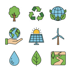 Minimalist Vector SVG Icon Set with Environmental Symbols and Green Color Scheme in Flat Design Style