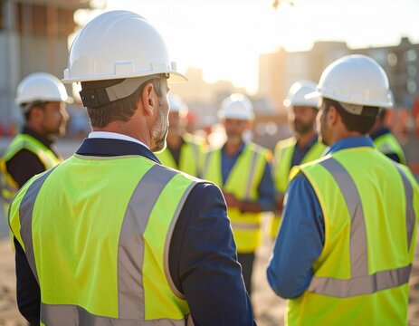 Construction manager leading a morning toolbox talk with his diverse crew of builders on a sunny development site.