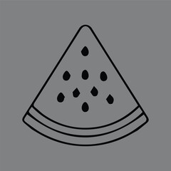 Simple black line art icon of a watermelon slice. Minimalist doodle concept of a fresh summer fruit on a grey background.