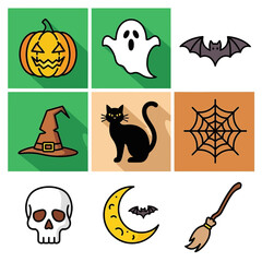 Vector SVG Icon Set with Halloween Pumpkin Ghost Bat Witch Cat Spider Skull Moon Broom Flat Design