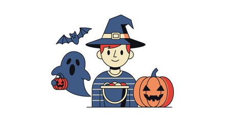 Cute Halloween Vector SVG Illustration featuring Boy Witch with Pumpkin Ghost Bat and Candy Flat Design Style