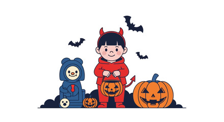 Children Halloween Costume Vector SVG Illustration with Pumpkin Bats and Devil Horns in Flat Modern Style