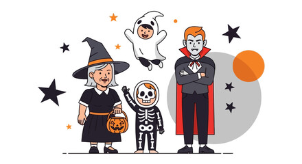 Line Art Vector SVG Illustration of Halloween Costumes Featuring Witch Skeleton and Vampire in Flat Style with Orange and Black Colors for Festive Digital Design