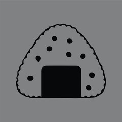 Minimalist icon of a Japanese onigiri rice ball. Simple black line art illustration of a traditional Asian food snack with nori seaweed on a grey background.