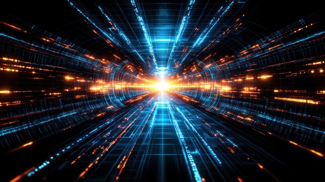 Futuristic tunnel with glowing data streams