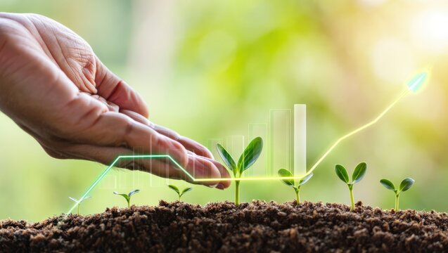 Hand nurturing young plants with a growing financial graph overlay