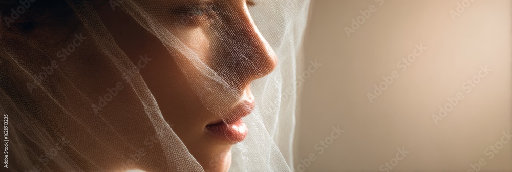 Aufkleber feminine profile bathed in soft light with a veil gently draping over the face, creating an ethereal
