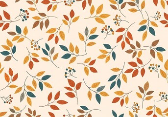 Delicate seamless pattern featuring scattered autumn leaves and berries in warm fall colors on a light cream background, ideal for seasonal stationery and textile designs