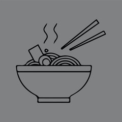 Minimalist line art icon of a steaming hot bowl of Asian noodles with chopsticks. A simple vector illustration representing traditional cuisine and comfort food.