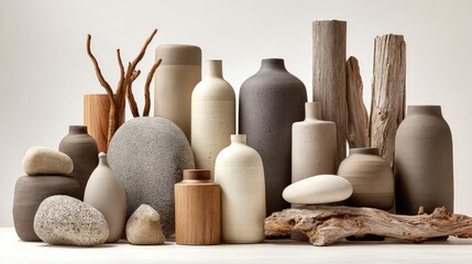 Assorted neutral-toned ceramic and wooden decorative items