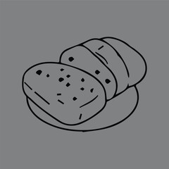 A minimalist hand-drawn illustration of a sliced loaf of raisin bread on a plate. Simple black line art sketch for bakery, food, and culinary concepts.