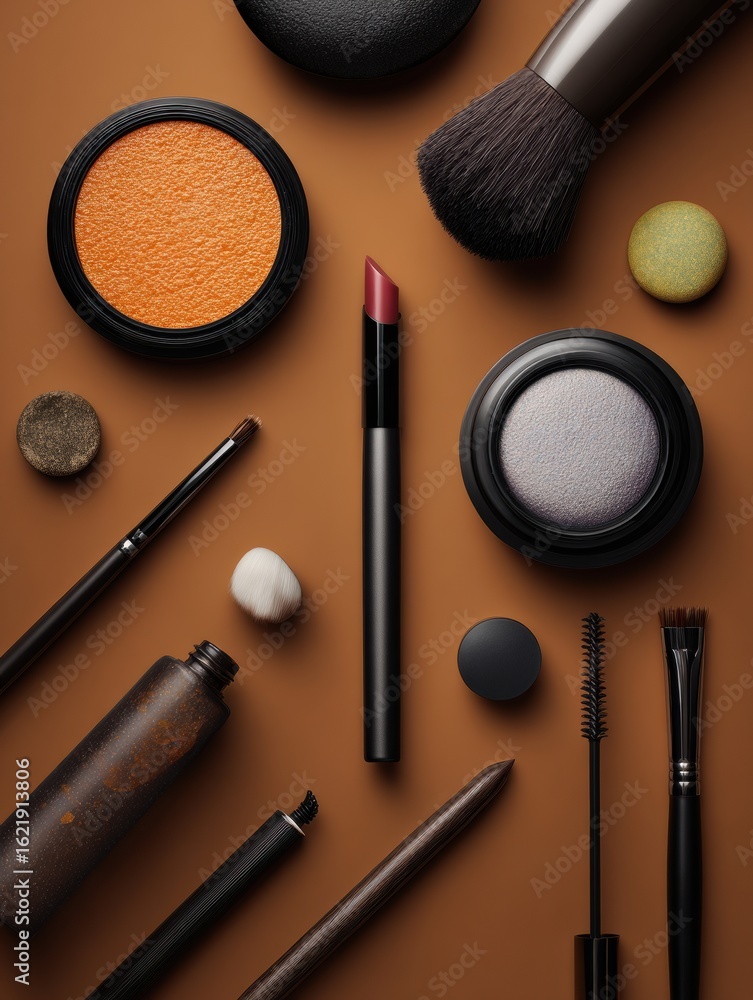 Poster stylish editorial layout of makeup products with copy space for creative display in vibrant magazine