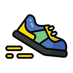 Colorful running shoe in blue, yellow, and green with motion lines, flat cartoon style, ideal for sports, fitness, marathon, training, and active lifestyle themes on white background.