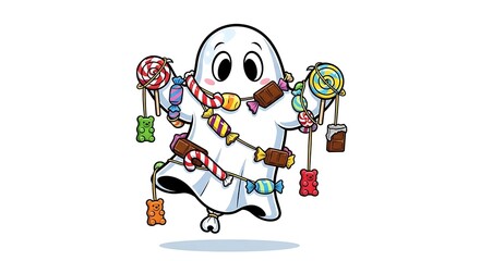 Fototapeta premium Cartoon ghost adorned with candy garland and dangling gummy bears in a playful halloween scene