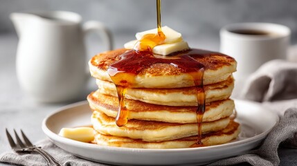 Close-up of cottage cheese pancakes glistening with maple syrup and butter on a clean white plate. Perfect warm breakfast under natural light.