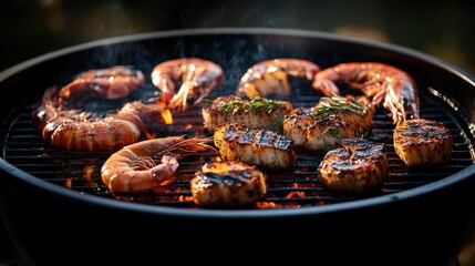 Grilled seafood on a round outdoor grill